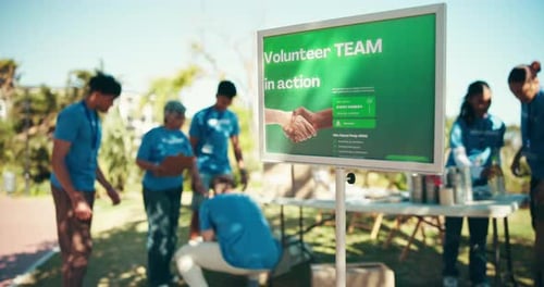 People, volunteer and teamwork in park with boxes for donation, community service