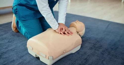Hands, cpr dummy and nurse training, medical student and learning resuscitation in hospital