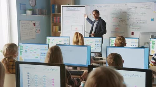 Informatikunterricht in der Grundschule: Der Lehrer verwendet ein digitales Tablet und erklärt Diverse G die Lektion