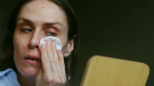 Woman Cleanses Face with Cotton Pad