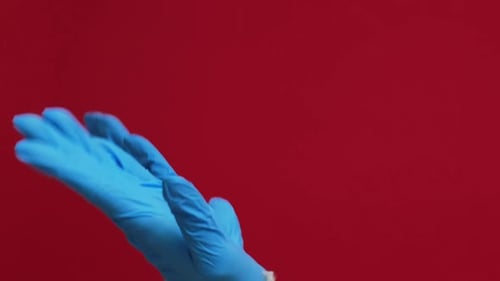 Hands Wearing Blue Medical Gloves on Red Background