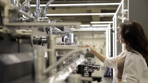 A Woman Buying a Chrome Faucet for Water in a Plumbing Store