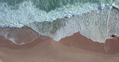 Aerial view, water waves and sea at beach, sand and landscape of nature