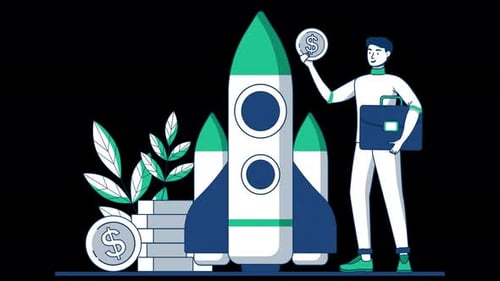 Animated Business Startup Launch with Financial Growth and Investor