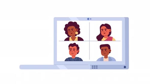 Laptop Video Call with Diverse Group Flat Design Animation