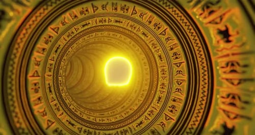Goldglühender Schädel fliegt durch einen Tunnel mit altägyptischen Hieroglyphen