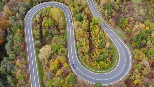 Carros andam em estrada de montanha na floresta de outono, folhagem de outono, bosques, paisagens aéreas