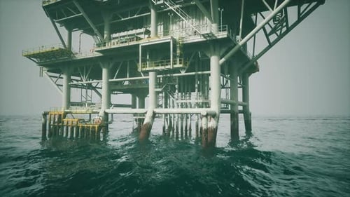 An Old Oil Platform Rises Above the Ocean Waves Supported By Sturdy Pillars