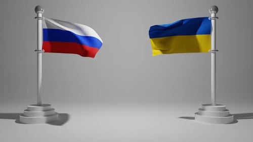 3D Flag of the Russia and Ukraine on a flagpole wind emergence on a white background with free space