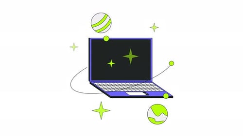 Laptop with orbiting planets sparkles 2D onboarding ui animation