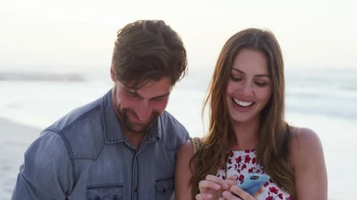 Beach, smartphone and happy couple with funny social media post, website video