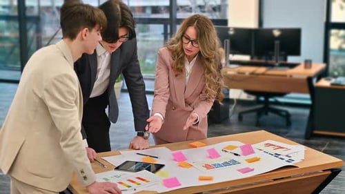 Business meeting in an office, female team leader and two young workers discussing business affairs