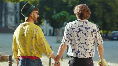 Slow Motion Young Gay Couple Hold Hands Hug Each Other Walk at Street Friendship Relationship