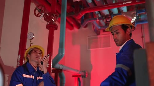 Ingenieure überprüfen das Wassersystem im Keller.