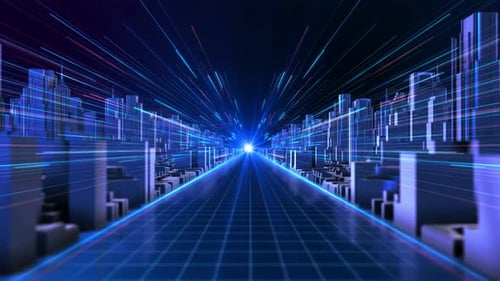 Futuristic Digital Data Rain Over Cyber City Skyline Technology Animation Smart City Falling Data