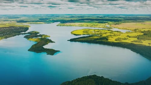 Dronelapse Aerial View Of Lakes Rivers Islands And Countryside Landscape