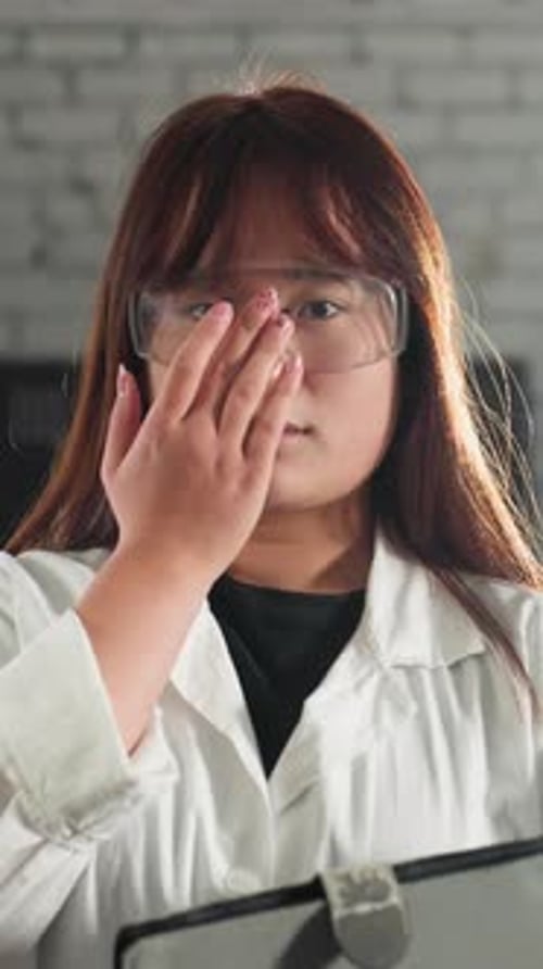 Lab Technician Adjusting Safety Glasses While Holding Tablet in Automotive Workshop