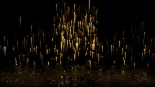 Futuristic Golden Light Particles Rising from Digital Floor Background