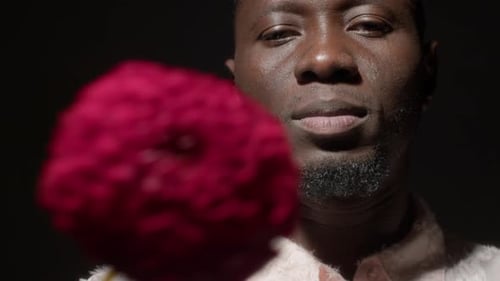 Close Up of Black Man Putting Flower into Mouth
