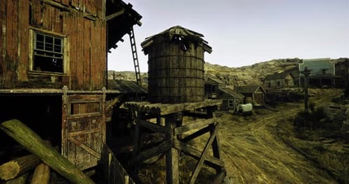Old Western Town with Wooden Buildings and a Water Tower During Sunset