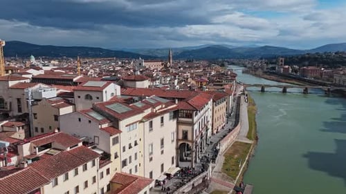 Aerial panoramic view of Florence cityscape near Galleria degli Uffizi and Arno River