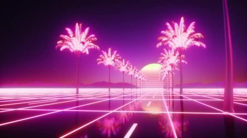 Neon Glowing Palm Trees And Road Futuristic Synthwave Background