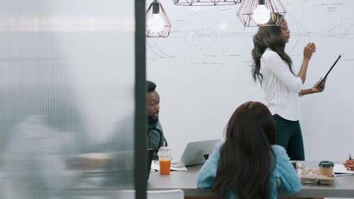 Talking woman, tablet or speaker whiteboard in office meeting, project management