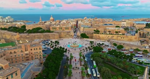 Aerial View of the Capital City of Malta at Sunset Main Entrance and the Entire Island Valletta