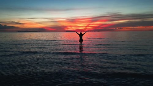 Ocean's Sunset Magic Serene Woman Enjoying Sunset on Ocean Arms Open to Embrace Evening's