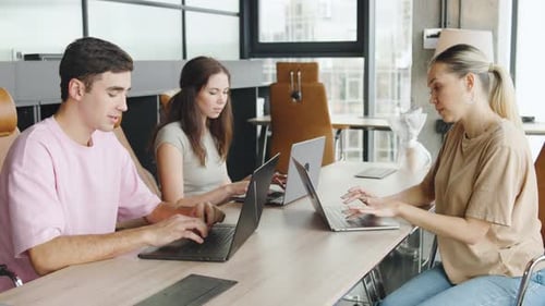 Three People Working on Laptops in a Modern Office During the Day with Natural Light Coming Through