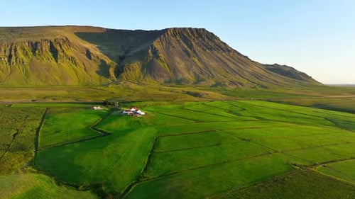 Stunning Countryside in Iceland Farmhouses in a Northern Country Hilly Landscape on a Sunny Day