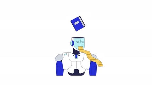 AI robot consuming books and generating data 2D character animation
