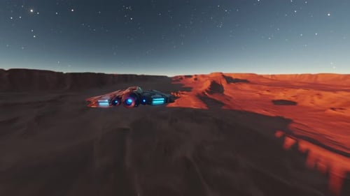 Spacship flying close to the surface of planet Mars