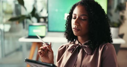 Woman, app designer and thinking with tablet for website, planning or software development