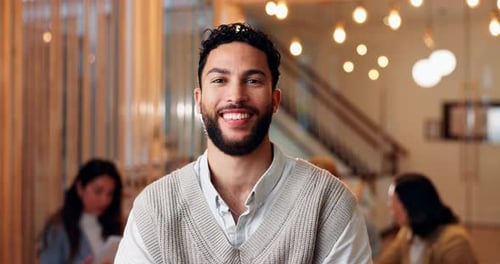 Happy, face and businessman in office with confidence in career growth for creative project