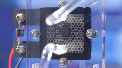 Hydrogen production in an electrolyser, close up