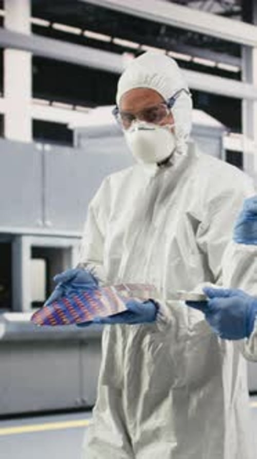 Vertikales Video Die Mitarbeiter des multiethnischen Ingenieurteams tragen Siliziumwafer in der Mikrochipfabrik