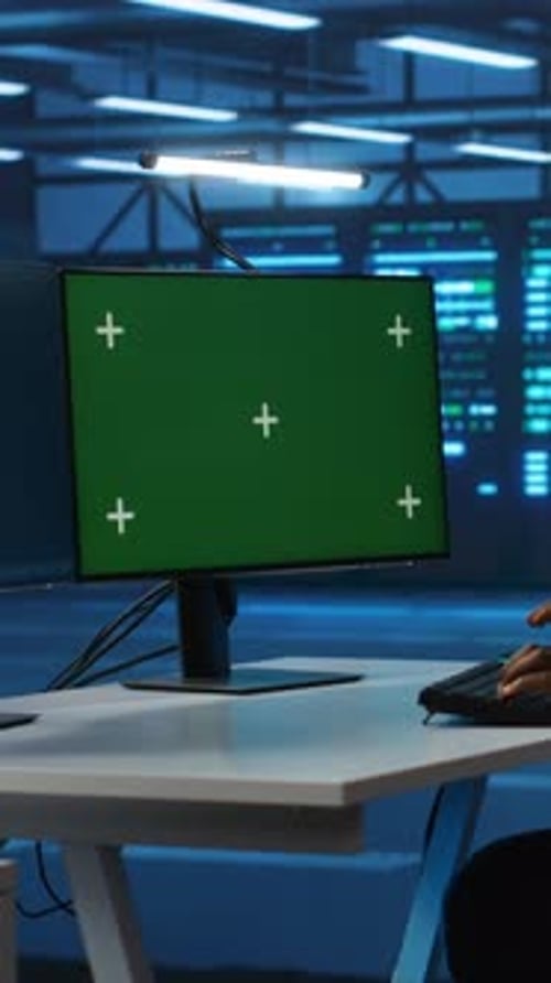 Vertical Video Technician Upgrading Equipment in Data Center Using Isolated Screen Display