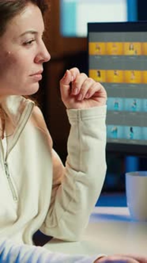 Woman Works at Computer in Vertical Format