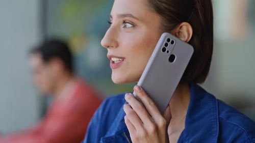 Calling Brunette Sharing News By Cellphone Sitting Cafe Closeup Happy Woman