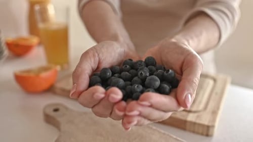 Hands Holding Fresh Blueberries in Kitchen Close Up