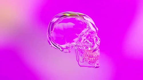 Ethereal glass skull with pink teeth floats against vibrant purple backdrop