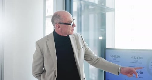 Business, presentation and man in office, financial agency and conversation with company revenue