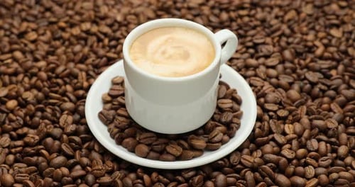 Cup of Cappuccino surrounded by Coffee Beans