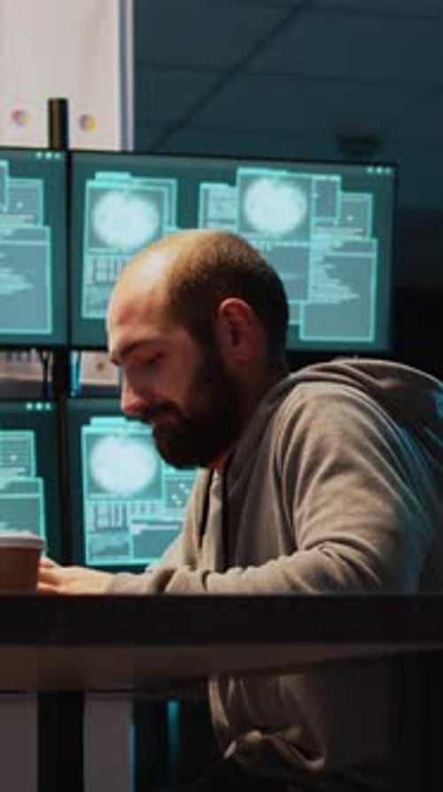 Vídeo vertical: un joven hackeando una contraseña para romper la interfaz del servidor
