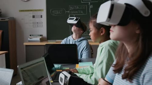 Children in Classroom Using Virtual Reality Headsets
