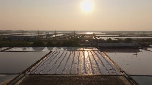 Drone shot of sea salt harvesting in Thailand's rural areas