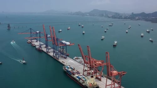 Aerial view bulk carrier dock Global business import export logistic and transportation company