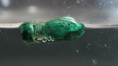Pill dissolving in liquid, green particles and bubbles forming in water