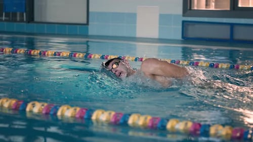 Nadador profesional entrena estilo libre en agua dulce de piscina